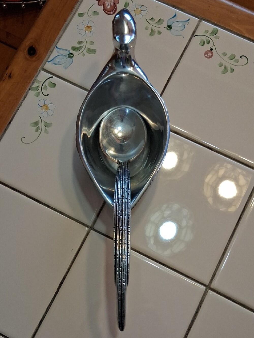 RARE FIND Pottery Barn Silvertone Pewter Pheasant Sauce Bowl With Tail Ladle. - Picture 9 of 16